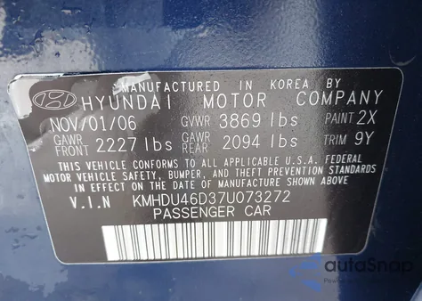 2007 Hyundai Elantra Gls/Limited/Se from USA, damaged, VIN KMHDU46D37U073272